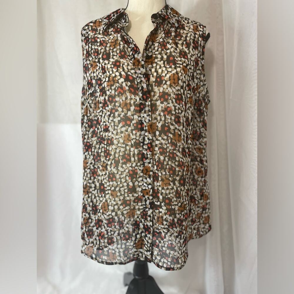 Lane Bryant Size 14 Sleeveless Sheer Tunic Blouse Button Up Colared Slit Back